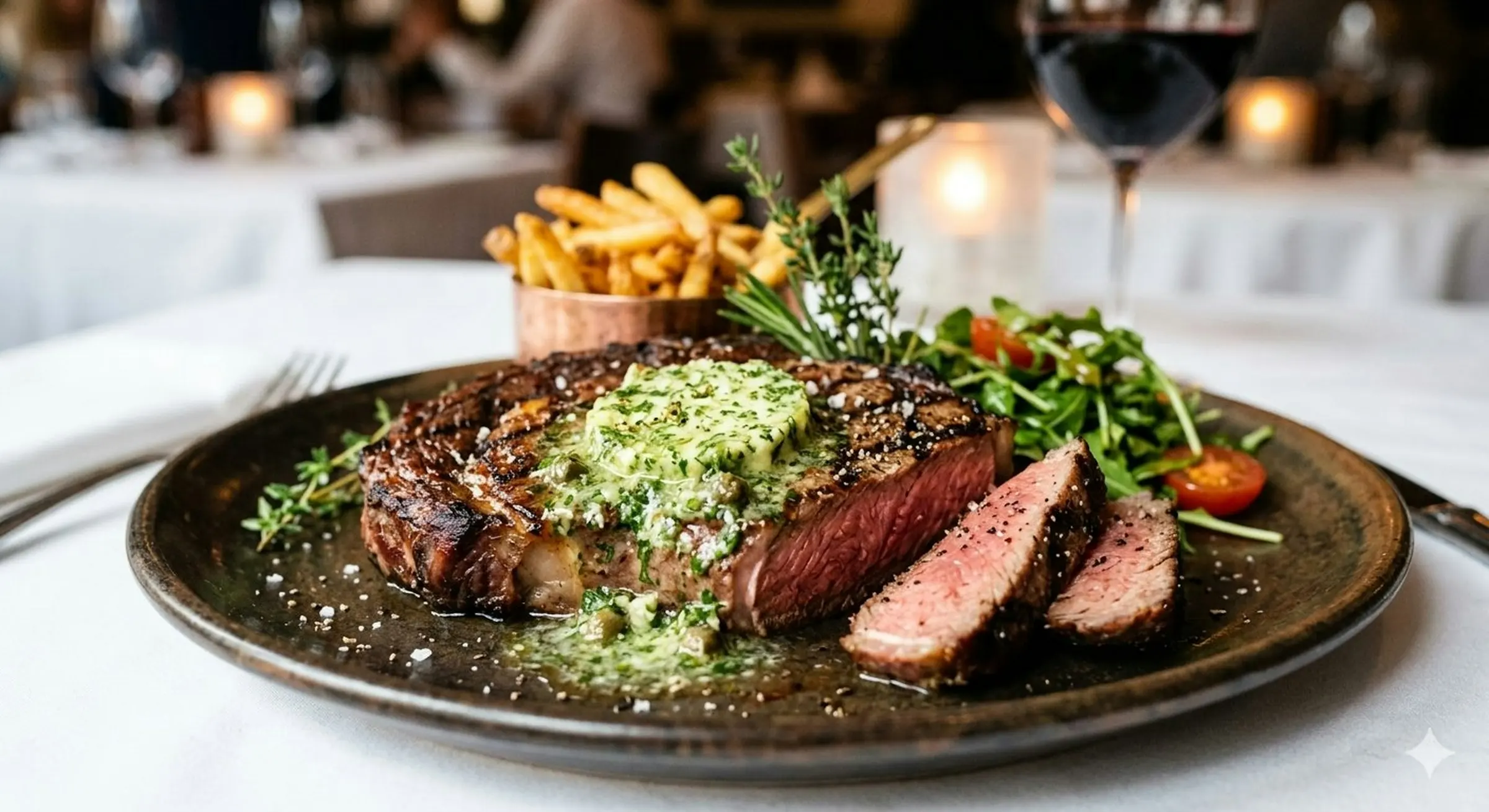 Steak with herb butter by candlelight, with a glass of red wine